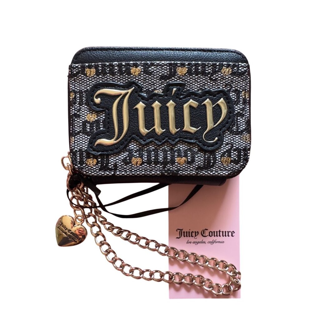 Juicy Couture Black & Gold Card Holder Wallet With Heart Charm & Chain Strap